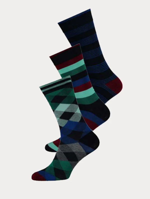 3 stijlvolle bamboe herensokken met print in de kleuren bordeaux en turquoise.