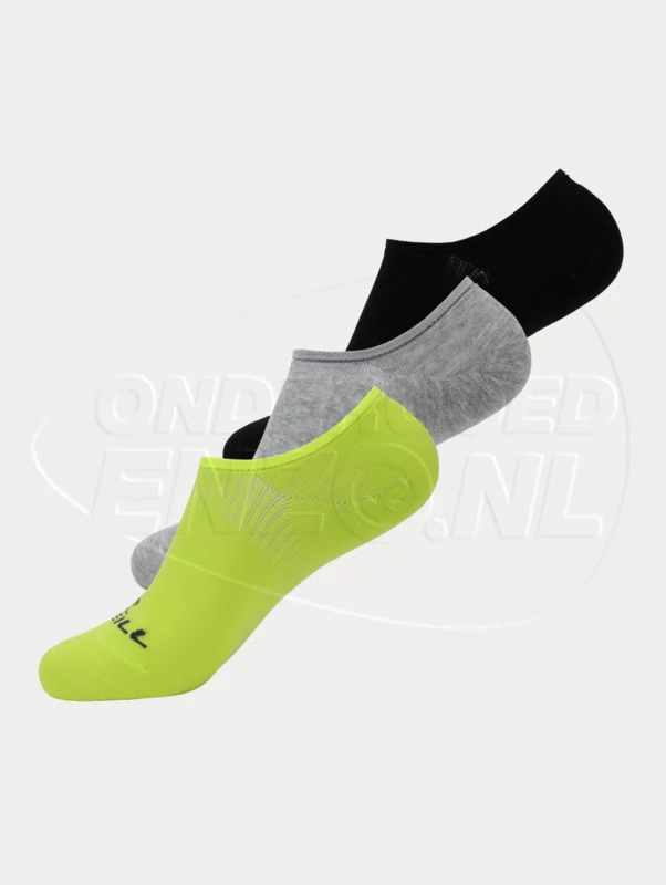 3 paar O'Neill footies in de kleuren zwart, grijs en geel.